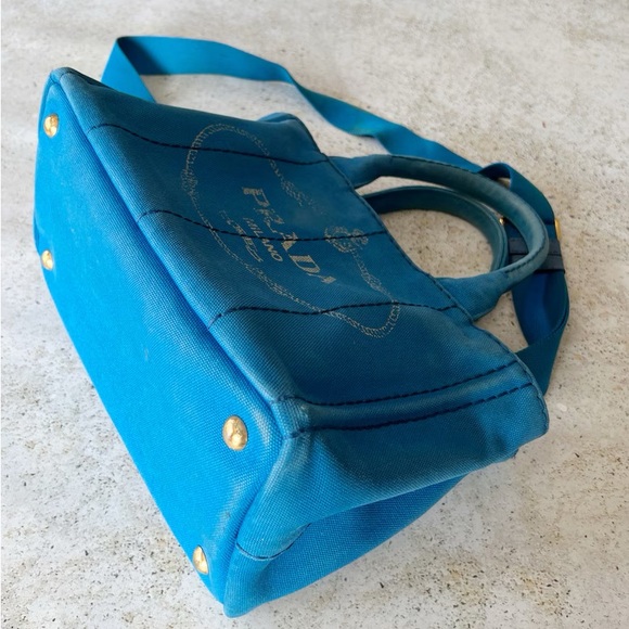 🩵 Vintage PRADA Canapa Mini Tote Bag Purse Blue - Picture 5 of 9